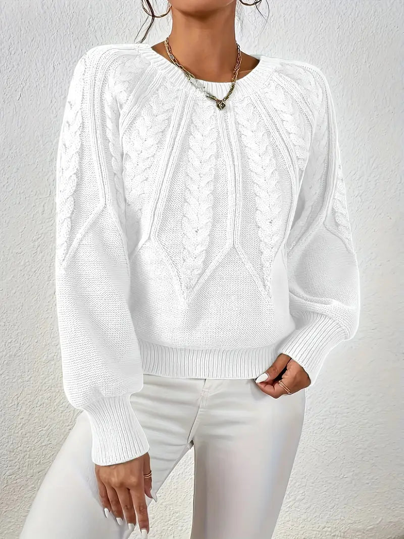 Women's Cable-Knit Long-Sleeve Sweater in White – Product view | Hensley London