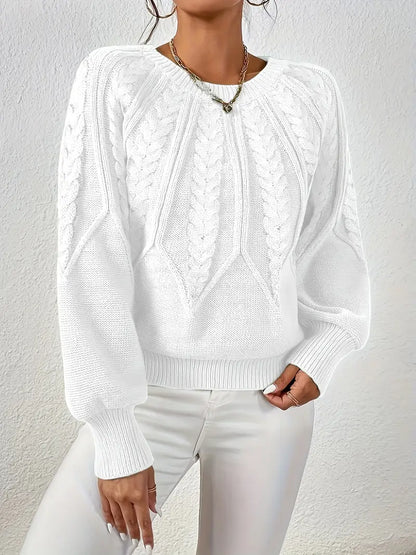 Women's Cable-Knit Long-Sleeve Sweater in White – Product view | Hensley London