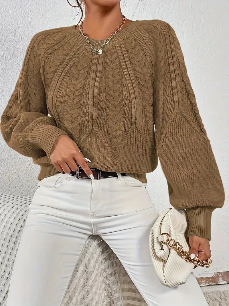 Women's Cable-Knit Long-Sleeve Sweater in Camel – Product view | Hensley London