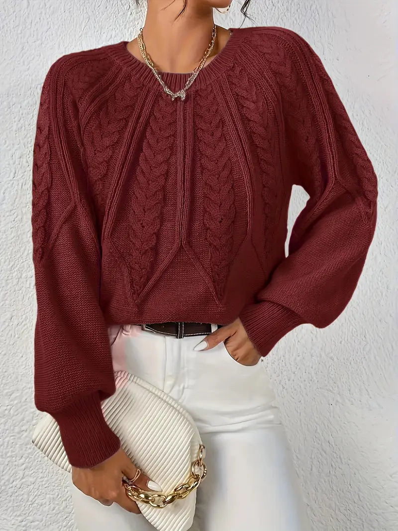 Women's Cable-Knit Long-Sleeve Sweater in Burgundy – Product view | Hensley London