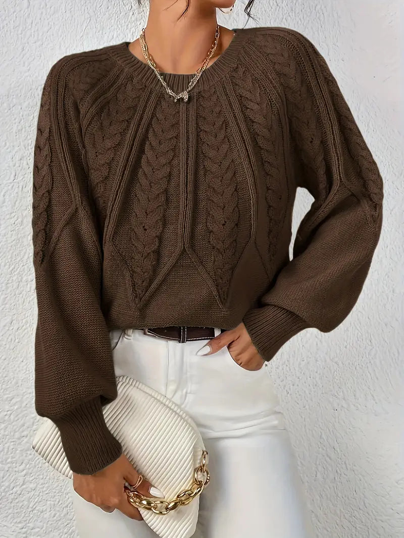 Women's Cable-Knit Long-Sleeve Sweater in Coffee – Product view | Hensley London