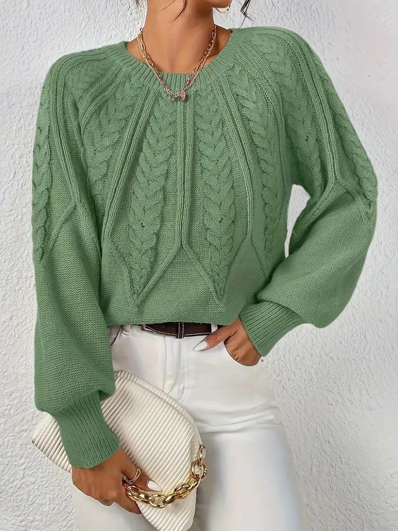 Women's Cable-Knit Long-Sleeve Sweater in Green – Product view | Hensley London
