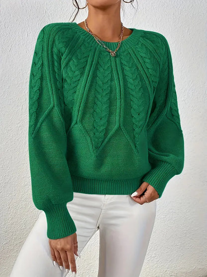 Women's Cable-Knit Long-Sleeve Sweater in Dark Green – Product view | Hensley London