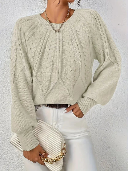 Women's Cable-Knit Long-Sleeve Sweater in Beige – Product view | Hensley London