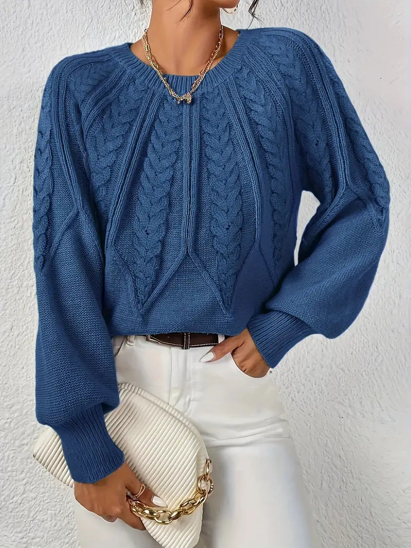 Women's Cable-Knit Long-Sleeve Sweater in Blue – Product view | Hensley London