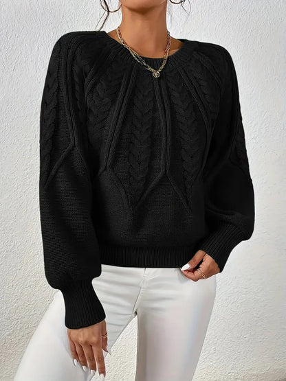 Women's Cable-Knit Long-Sleeve Sweater in Black – Product view | Hensley London