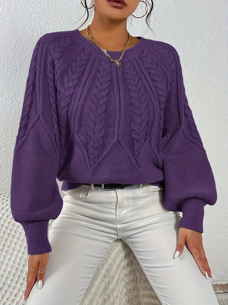 Women's Cable-Knit Long-Sleeve Sweater in Purple – Product view | Hensley London