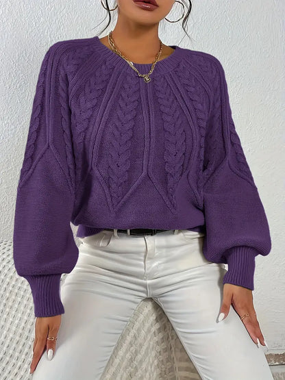 Women's Cable-Knit Long-Sleeve Sweater in Purple – Product view | Hensley London