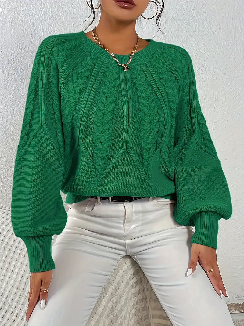 Women's Cable-Knit Long-Sleeve Sweater in Dark Green – Product view | Hensley London