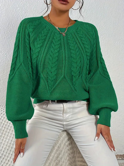 Women's Cable-Knit Long-Sleeve Sweater in Dark Green – Product view | Hensley London