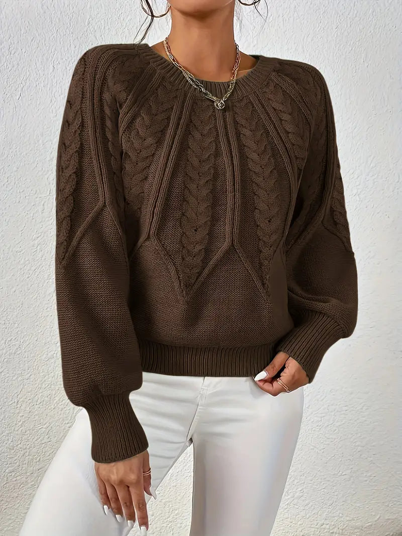 Women's Cable-Knit Long-Sleeve Sweater in Coffee – Product view | Hensley London