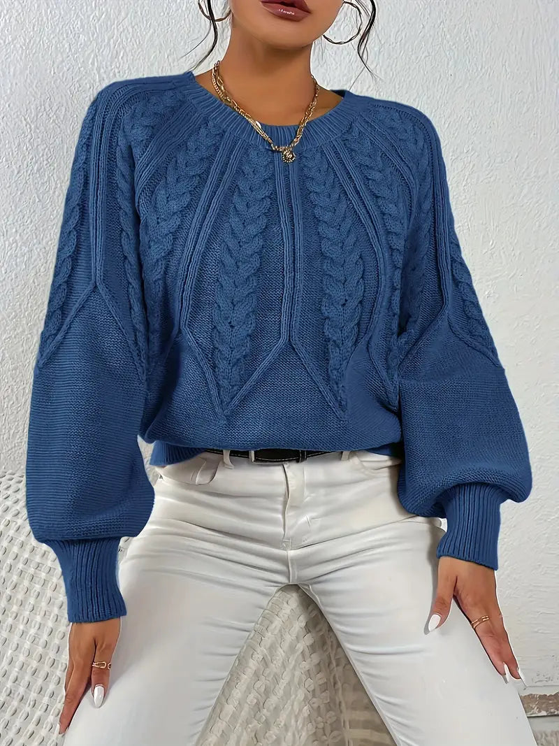 Women's Cable-Knit Long-Sleeve Sweater in Blue – Product view | Hensley London