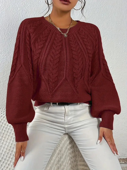 Women's Cable-Knit Long-Sleeve Sweater in Burgundy – Product view | Hensley London