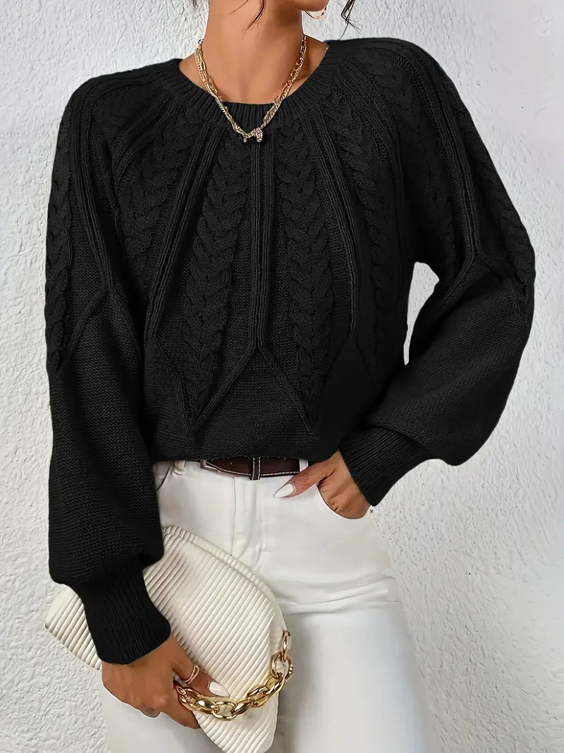 Women's Cable-Knit Long-Sleeve Sweater in Black – Product view | Hensley London