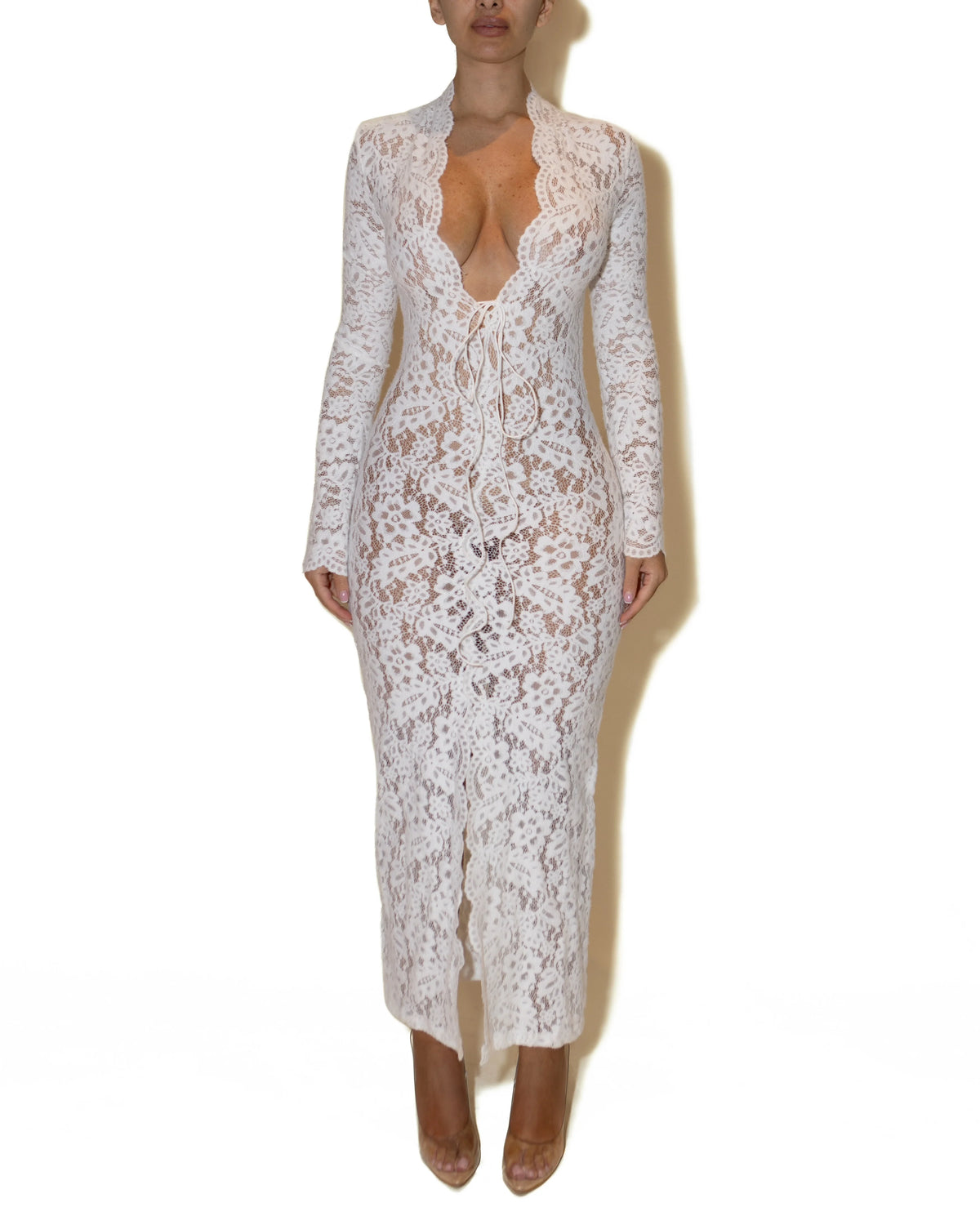 Women's Floral Lace Plunge-Neck Midi Dress – Product view | Hensley London