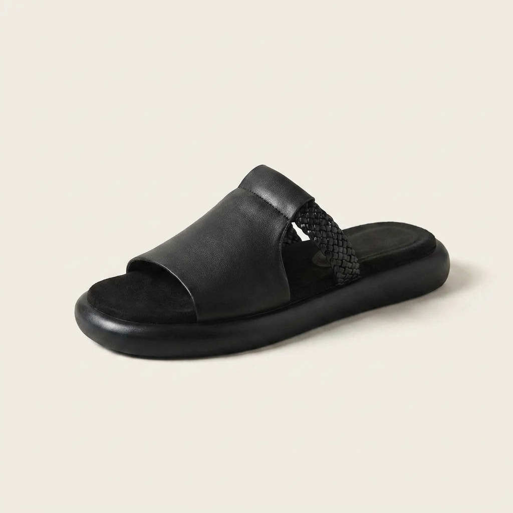 Women's Vegan Leather Open-Toe Slide Sandals – side view | Hensley London