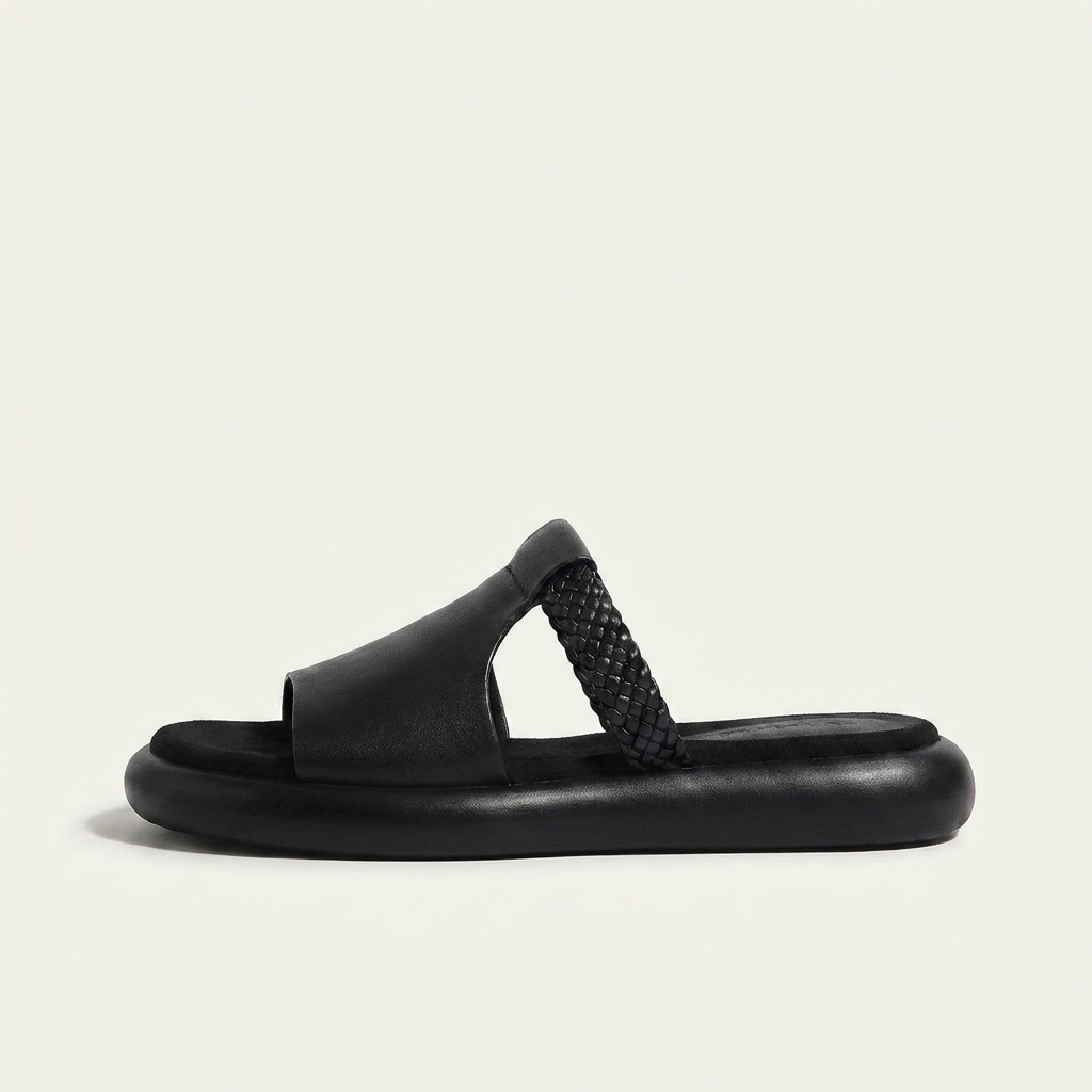 Women's Vegan Leather Open-Toe Slide Sandals – angled view | Hensley London