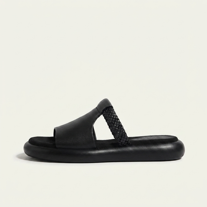 Women's Vegan Leather Open-Toe Slide Sandals – angled view | Hensley London