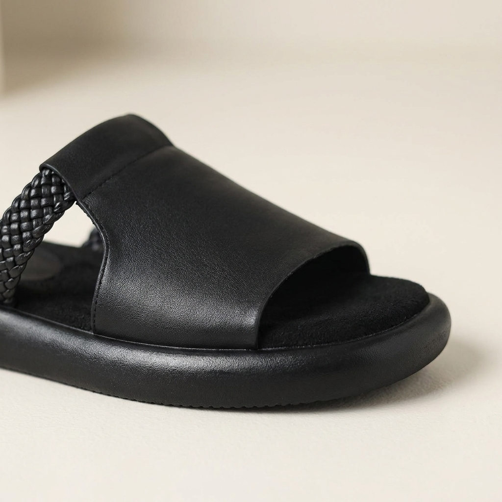 Women's Vegan Leather Open-Toe Slide Sandals – top view | Hensley London