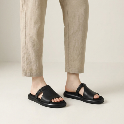 Women's Vegan Leather Open-Toe Slide Sandals – front view | Hensley London