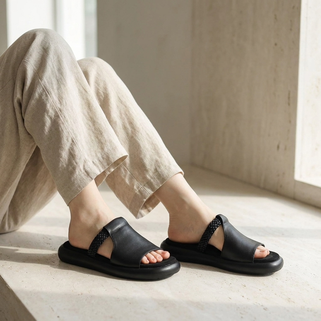 Women's Vegan Leather Open-Toe Slide Sandals – sole view | Hensley London