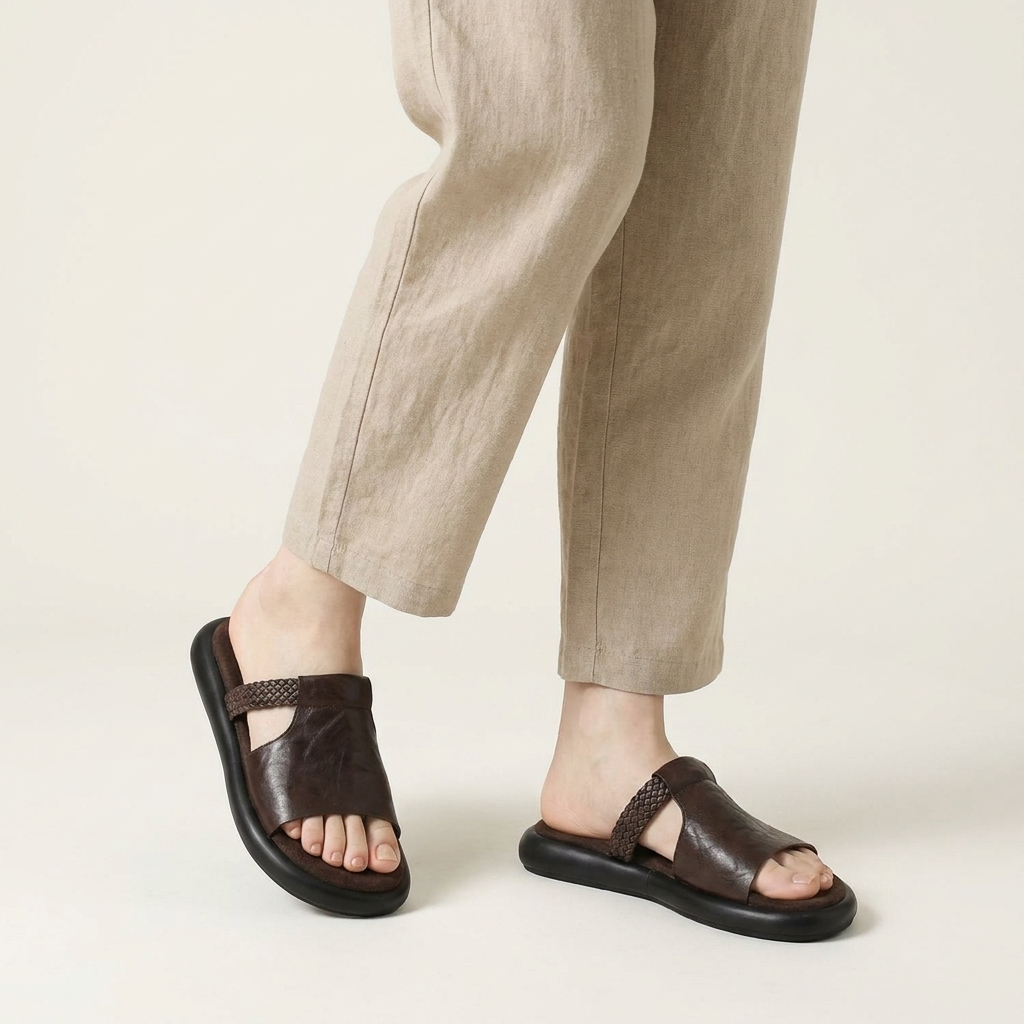 Women's Vegan Leather Open-Toe Slide Sandals – styled view | Hensley London