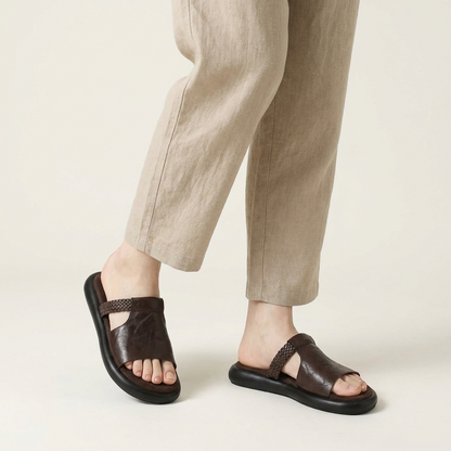Women's Vegan Leather Open-Toe Slide Sandals – styled view | Hensley London