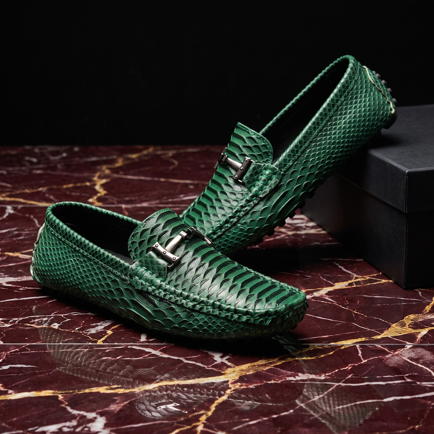 Men's Sculpted Leather Loafers in Green – front view | Hensley London