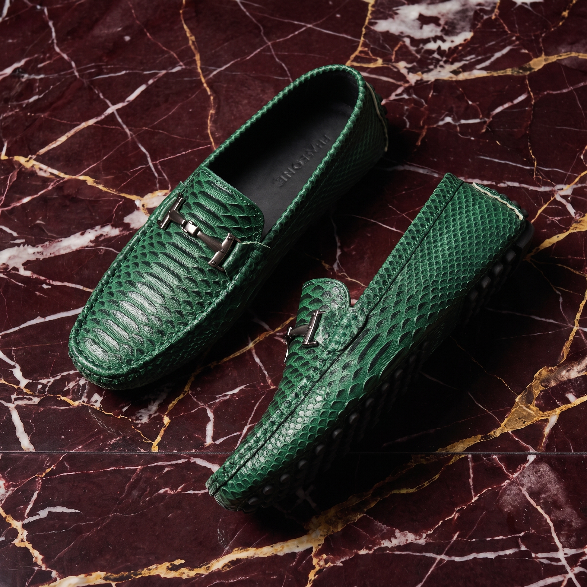 Men's Sculpted Leather Loafers in Green – side view | Hensley London