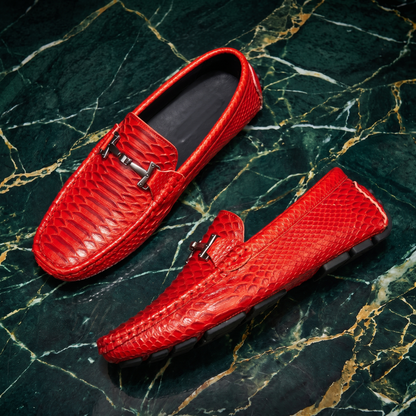 Men's Sculpted Leather Loafers in Red – detail of metal accent | Hensley London