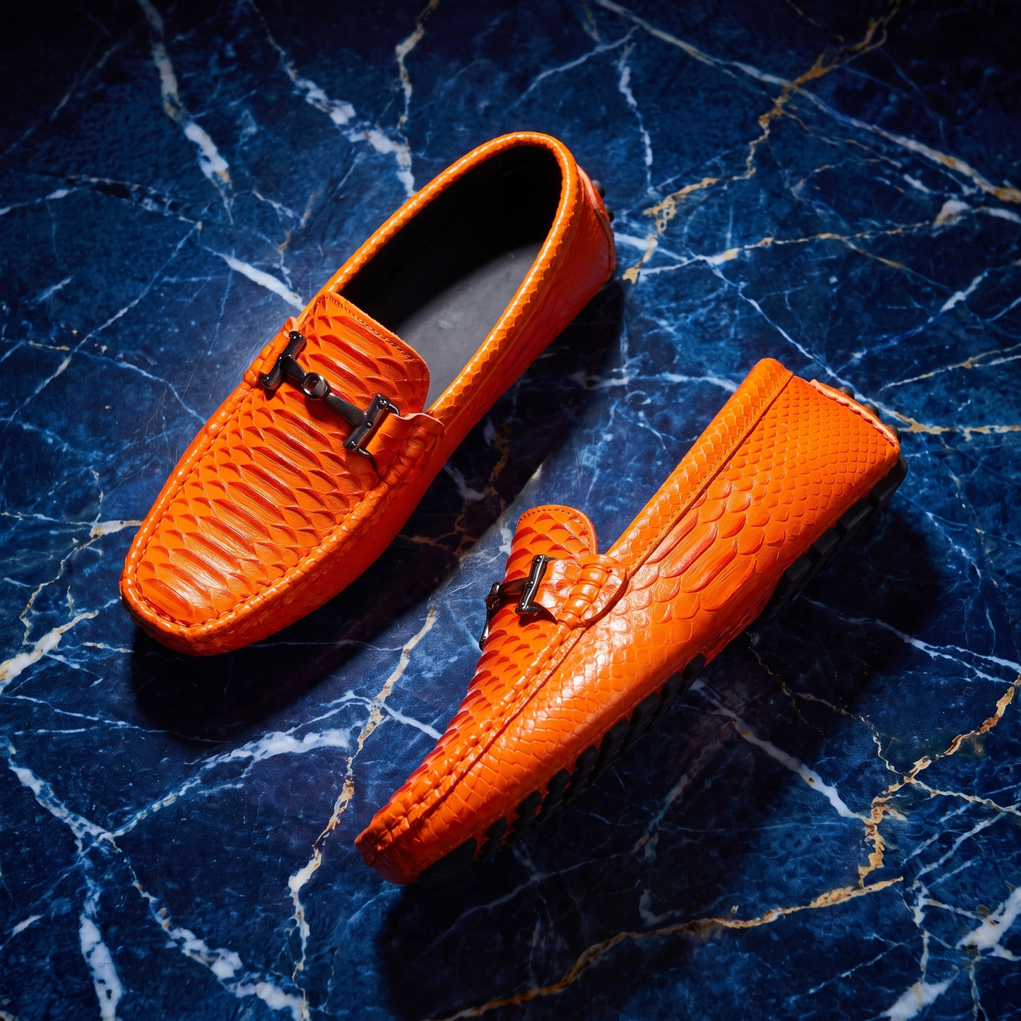 Men's Sculpted Leather Loafers in Orange – side view | Hensley London
