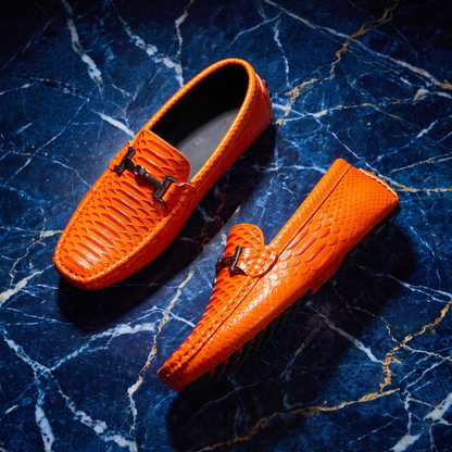 Men's Sculpted Leather Loafers in Orange – side view | Hensley London