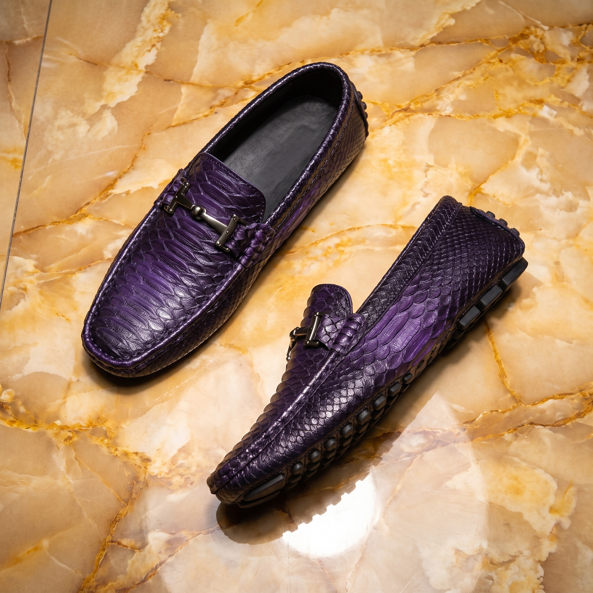 Men's Sculpted Leather Loafers in Purple – detail view | Hensley London
