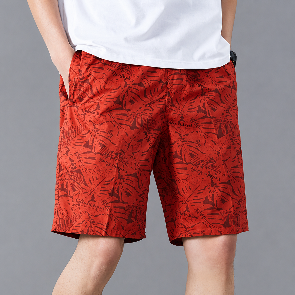 Men's Lightweight Tropical Print Shorts in Red – front view | Hensley London