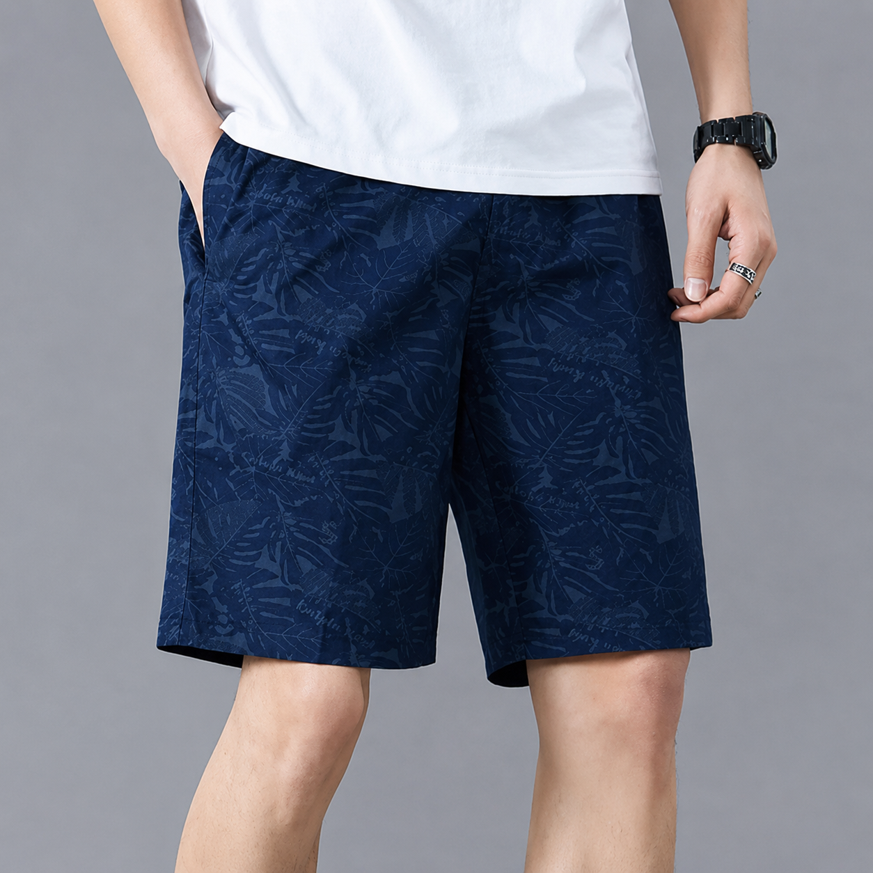 Men's Lightweight Tropical Print Shorts in Navy – front view | Hensley London