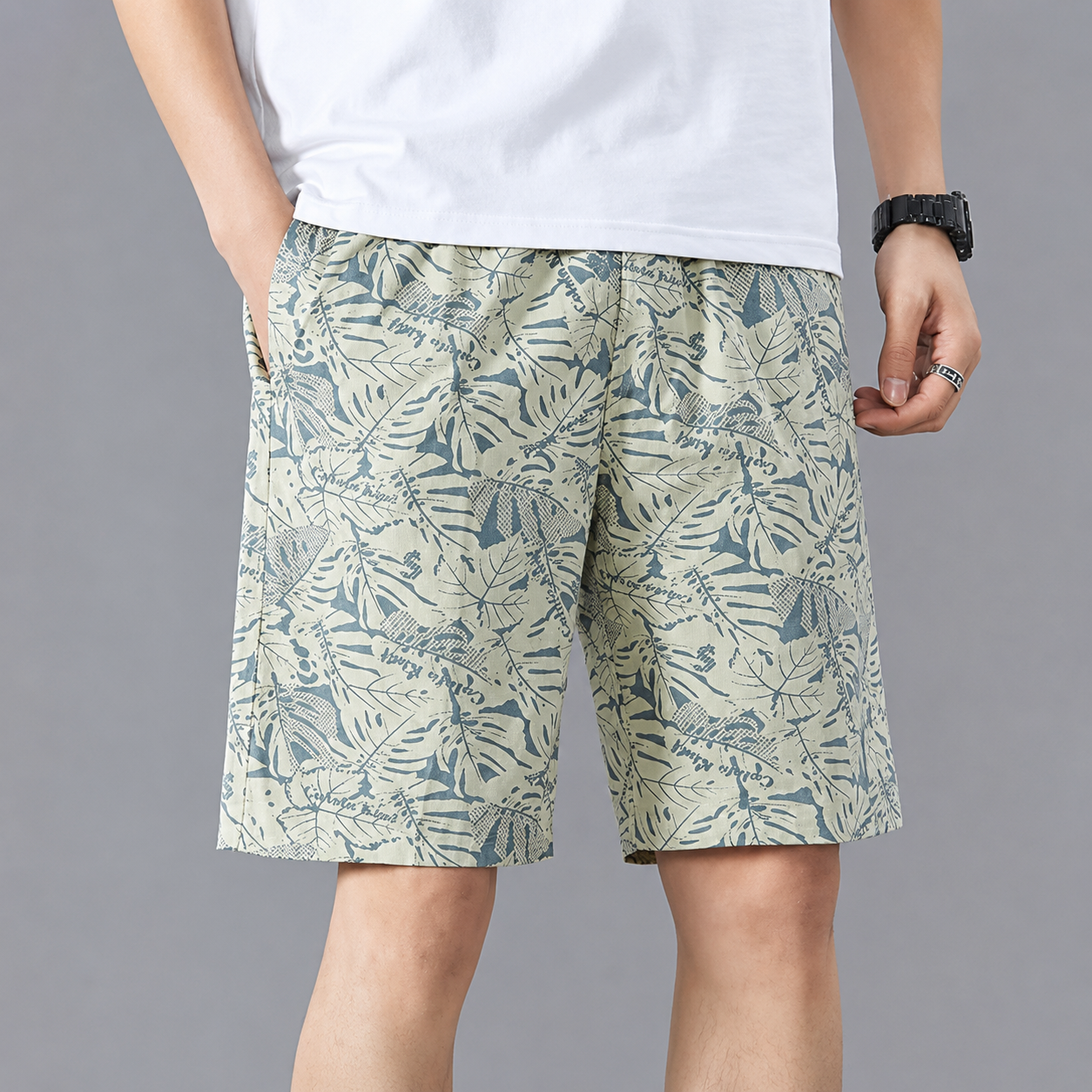 Men's Lightweight Tropical Print Shorts in Beige – front view | Hensley London