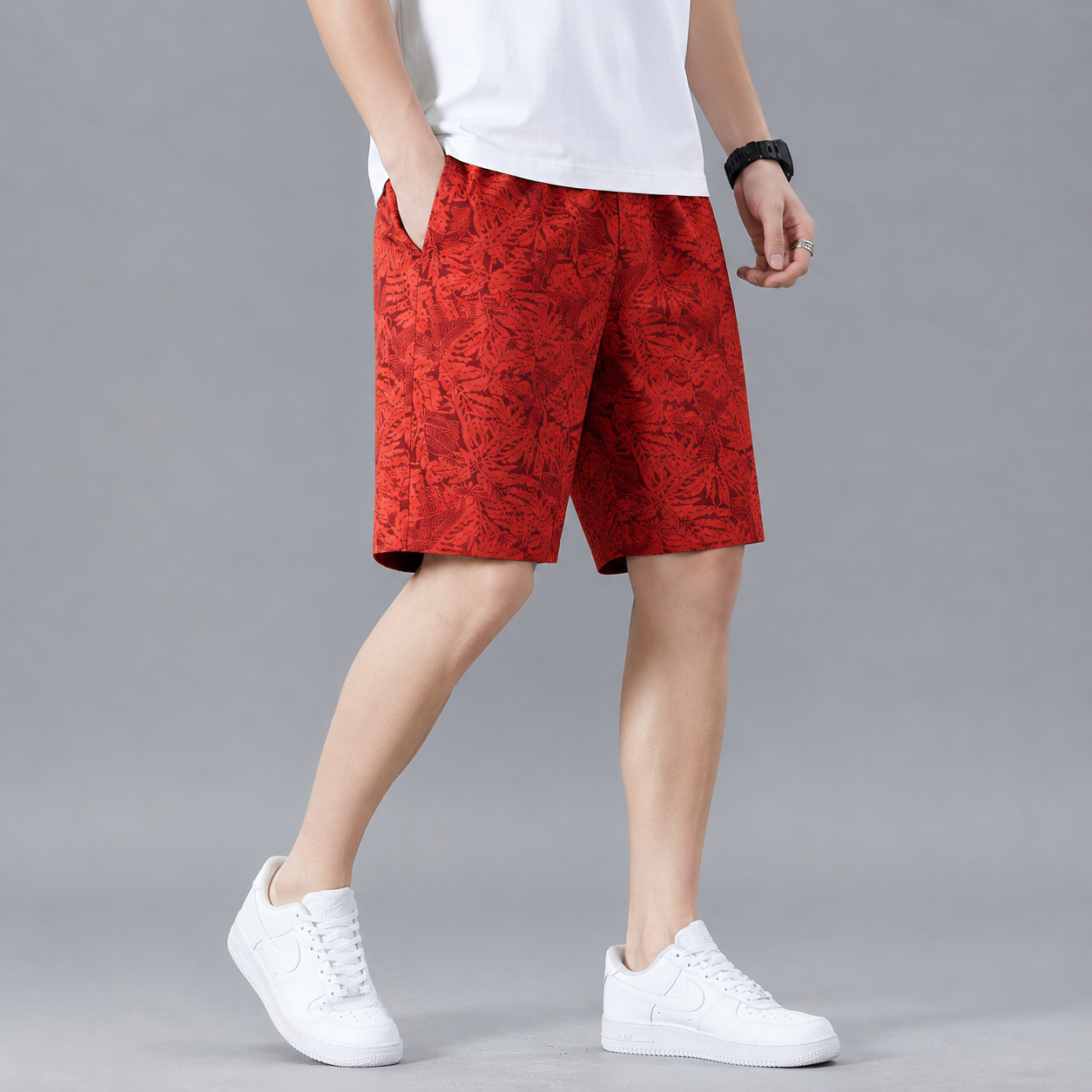 Men's Lightweight Tropical Print Shorts – styled view | Hensley London