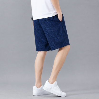Men's Lightweight Tropical Print Shorts – size and fit view | Hensley London