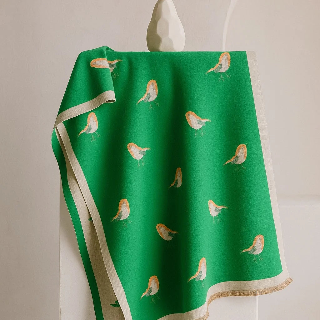Women's Bird-Print Fringed Scarf in Green – front view | Hensley London