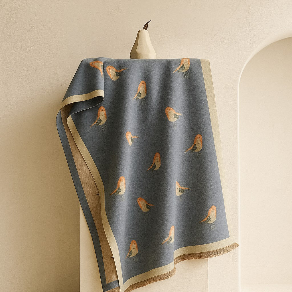 Women's Bird-Print Fringed Scarf in Blue – front view | Hensley London