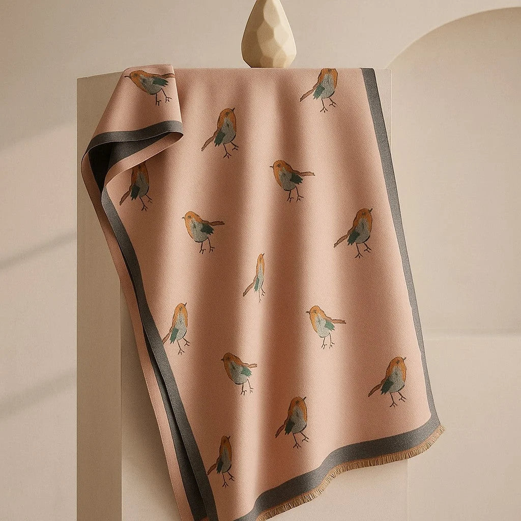Women's Bird-Print Fringed Scarf in Pink – front view | Hensley London