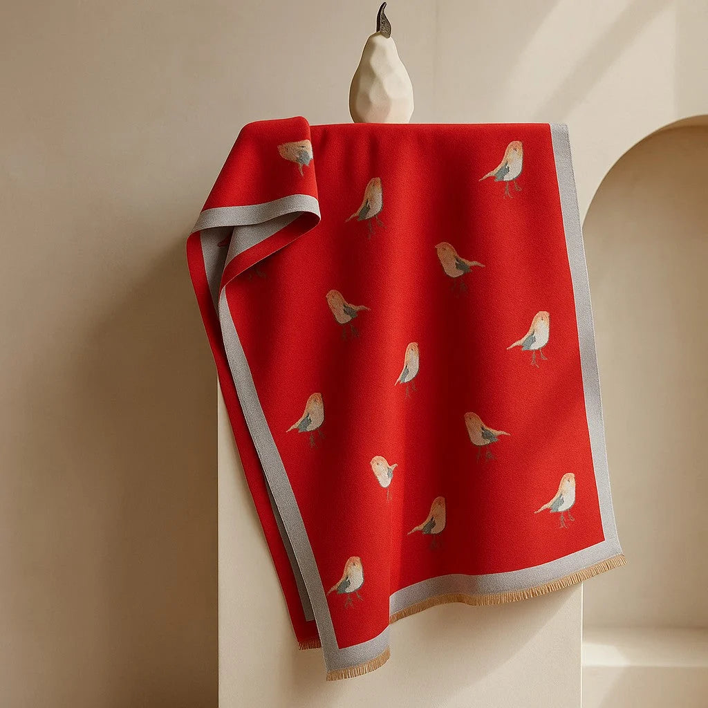 Women's Bird-Print Fringed Scarf in Red – front view | Hensley London