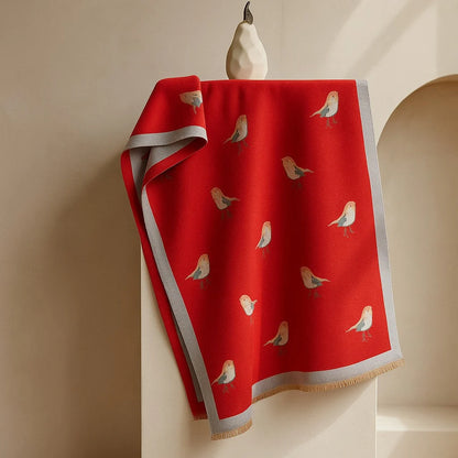 Women's Bird-Print Fringed Scarf in Red – front view | Hensley London