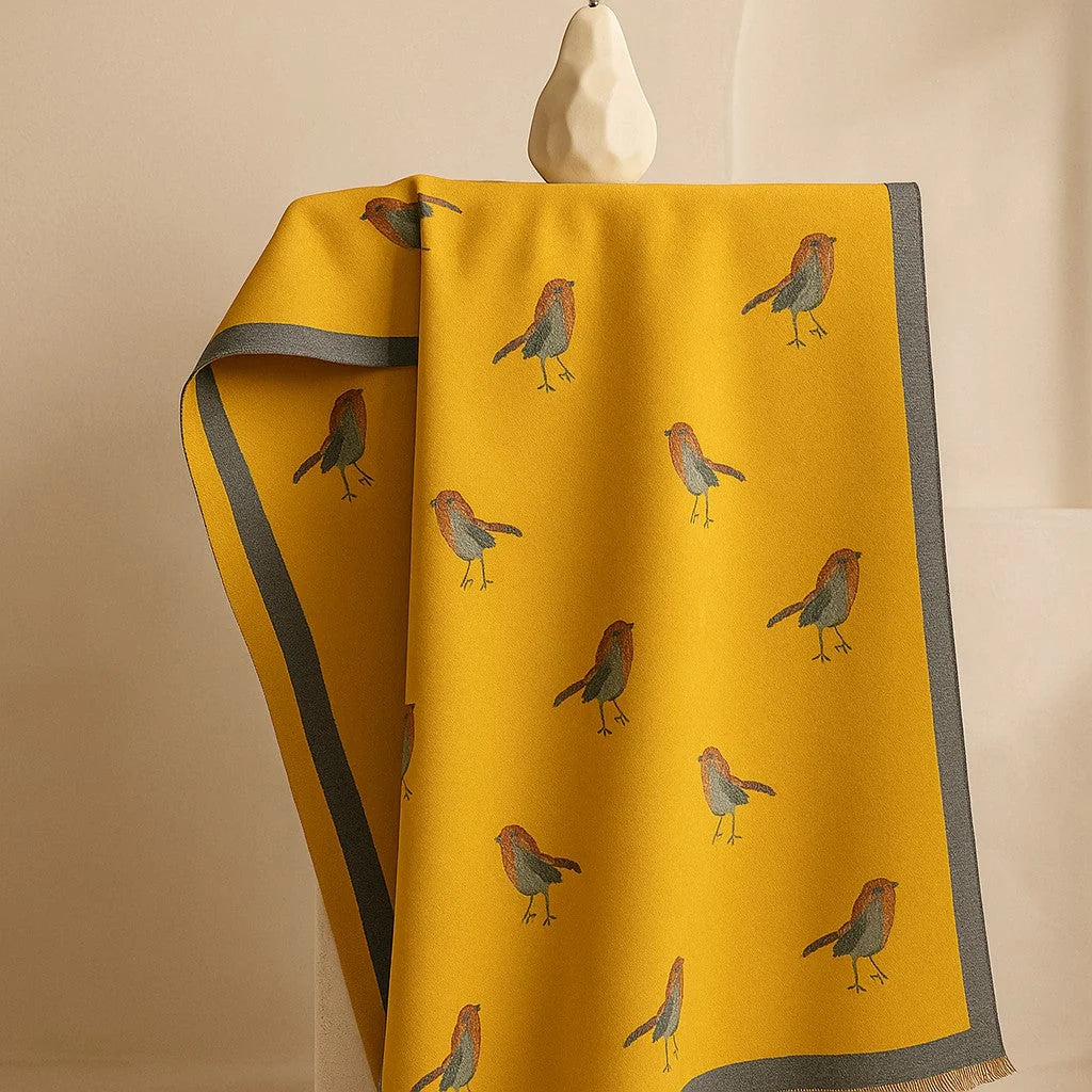 Women's Bird-Print Fringed Scarf in Yellow – front view | Hensley London