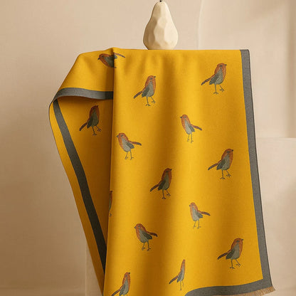 Women's Bird-Print Fringed Scarf in Yellow – front view | Hensley London