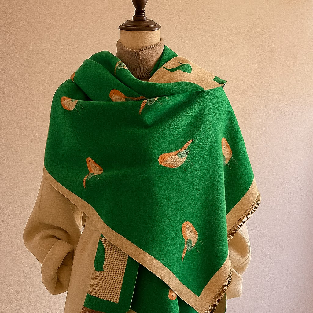 Women's Bird-Print Fringed Scarf in Green – draped view | Hensley London
