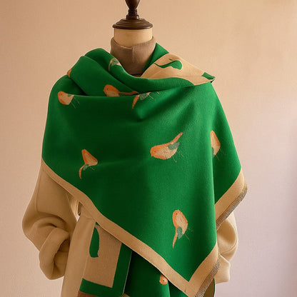 Women's Bird-Print Fringed Scarf in Green – draped view | Hensley London