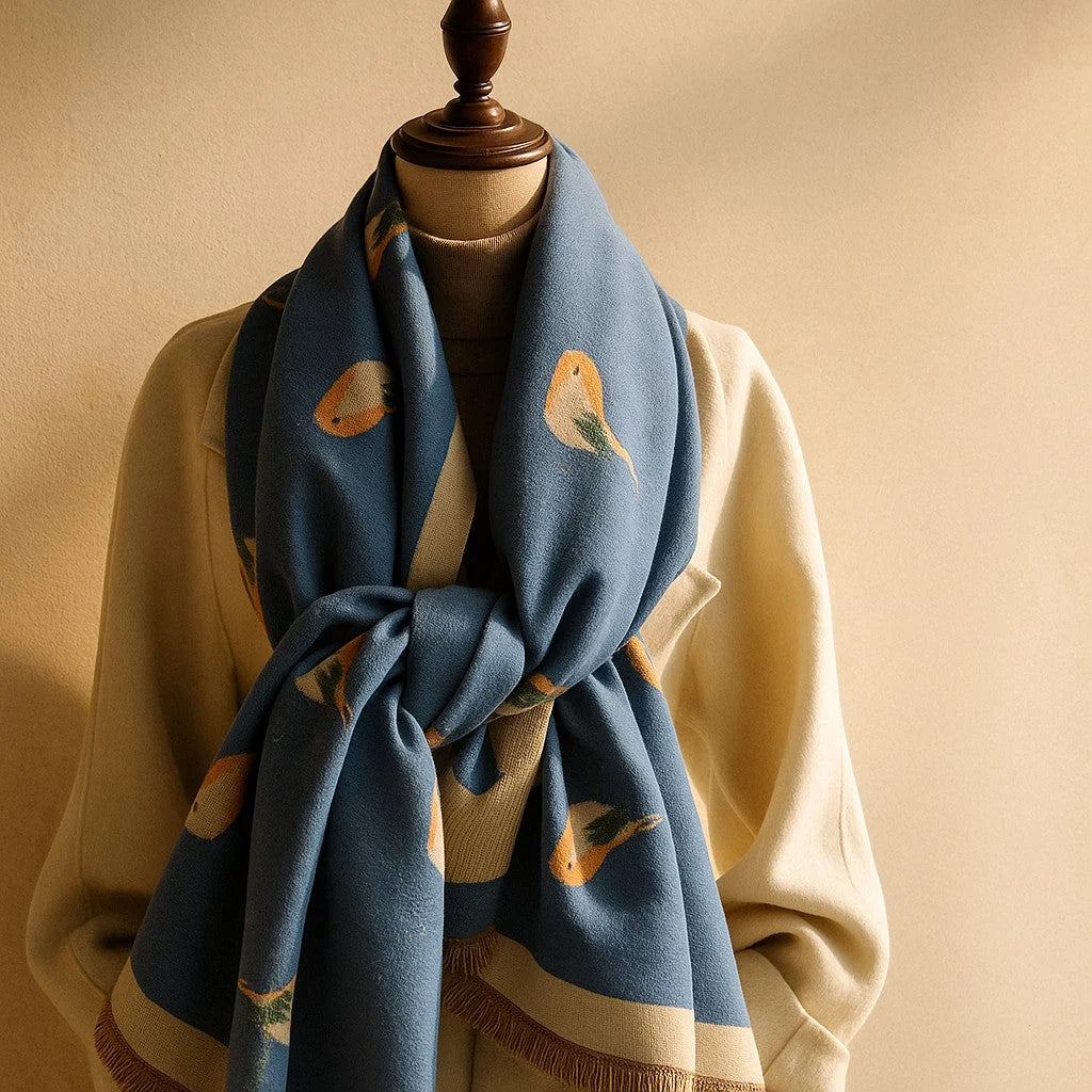 Women's Bird-Print Fringed Scarf in Blue – draped view | Hensley London