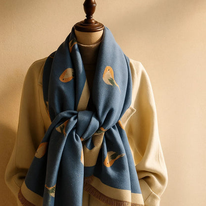 Women's Bird-Print Fringed Scarf in Blue – draped view | Hensley London