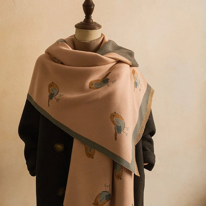 Women's Bird-Print Fringed Scarf in Pink – draped view | Hensley London